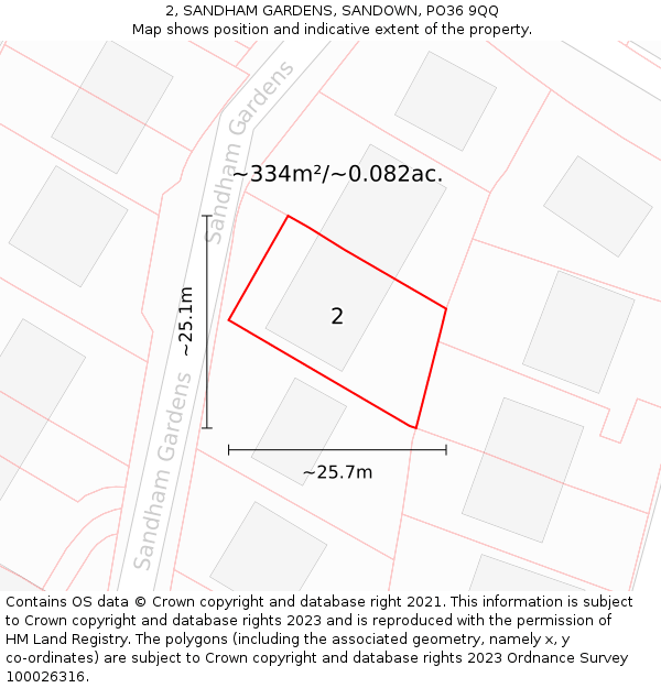 2, SANDHAM GARDENS, SANDOWN, PO36 9QQ: Plot and title map