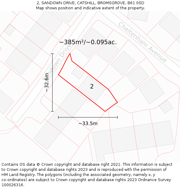 2, SANDOWN DRIVE, CATSHILL, BROMSGROVE, B61 0SD: Plot and title map