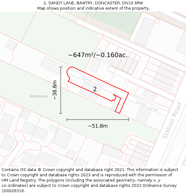 2, SANDY LANE, BAWTRY, DONCASTER, DN10 6RW: Plot and title map