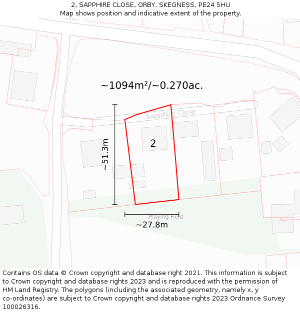 2, SAPPHIRE CLOSE, ORBY, SKEGNESS, PE24 5HU: Plot and title map