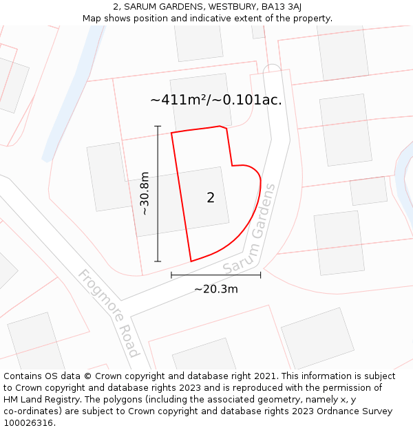 2, SARUM GARDENS, WESTBURY, BA13 3AJ: Plot and title map