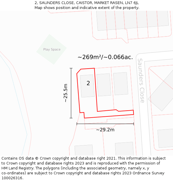 2, SAUNDERS CLOSE, CAISTOR, MARKET RASEN, LN7 6JL: Plot and title map