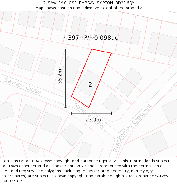 2, SAWLEY CLOSE, EMBSAY, SKIPTON, BD23 6QY: Plot and title map