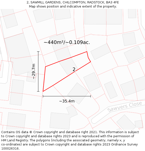 2, SAWMILL GARDENS, CHILCOMPTON, RADSTOCK, BA3 4FE: Plot and title map