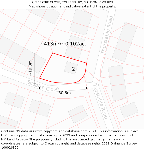 2, SCEPTRE CLOSE, TOLLESBURY, MALDON, CM9 8XB: Plot and title map