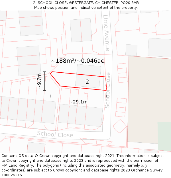 2, SCHOOL CLOSE, WESTERGATE, CHICHESTER, PO20 3AB: Plot and title map