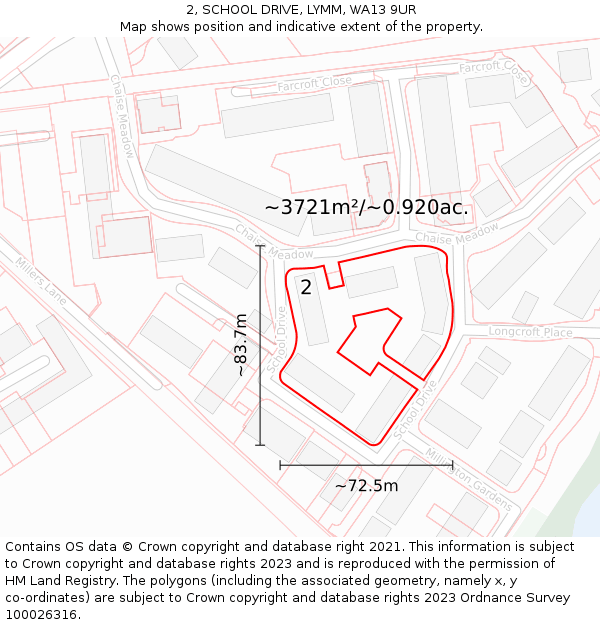 2, SCHOOL DRIVE, LYMM, WA13 9UR: Plot and title map