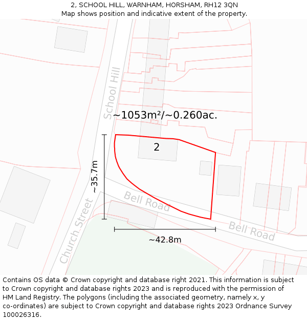 2, SCHOOL HILL, WARNHAM, HORSHAM, RH12 3QN: Plot and title map