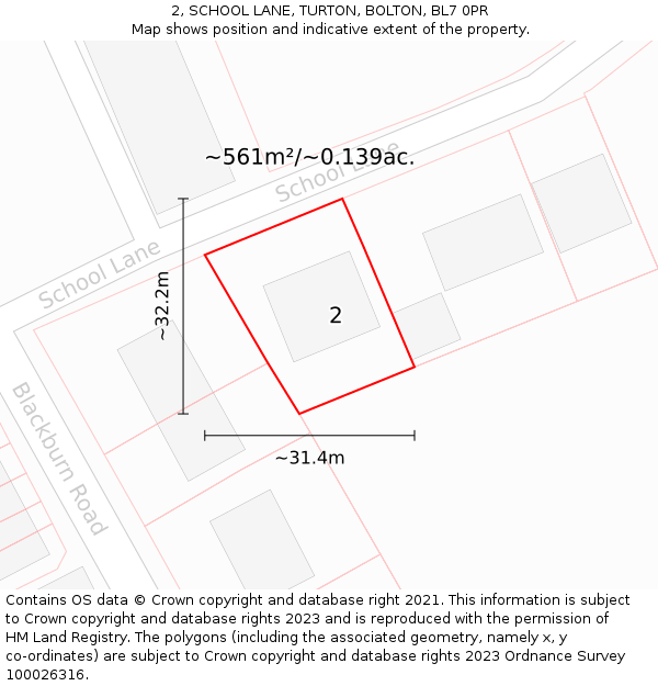 2, SCHOOL LANE, TURTON, BOLTON, BL7 0PR: Plot and title map