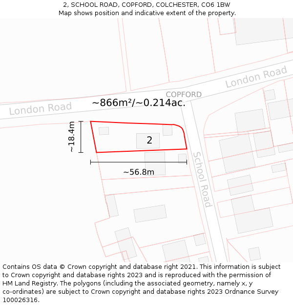 2, SCHOOL ROAD, COPFORD, COLCHESTER, CO6 1BW: Plot and title map