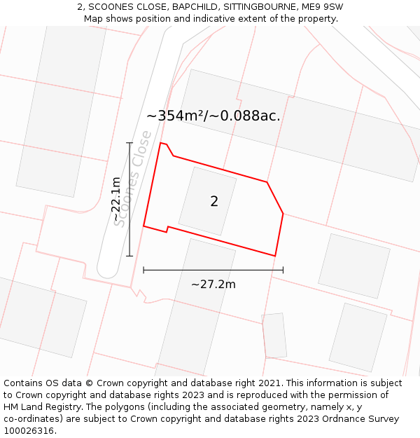 2, SCOONES CLOSE, BAPCHILD, SITTINGBOURNE, ME9 9SW: Plot and title map