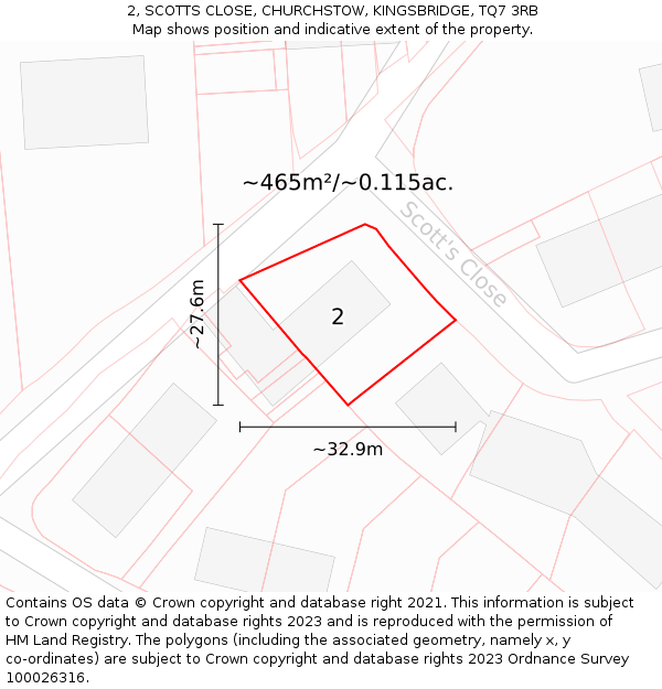 2, SCOTTS CLOSE, CHURCHSTOW, KINGSBRIDGE, TQ7 3RB: Plot and title map