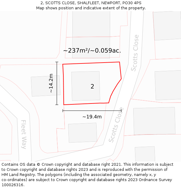 2, SCOTTS CLOSE, SHALFLEET, NEWPORT, PO30 4PS: Plot and title map