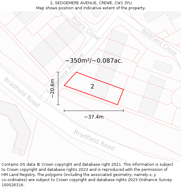 2, SEDGEMERE AVENUE, CREWE, CW1 3YU: Plot and title map