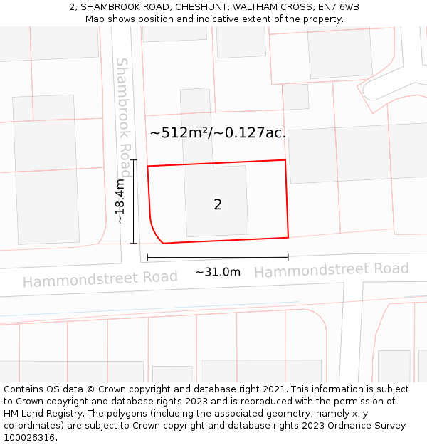 2, SHAMBROOK ROAD, CHESHUNT, WALTHAM CROSS, EN7 6WB: Plot and title map