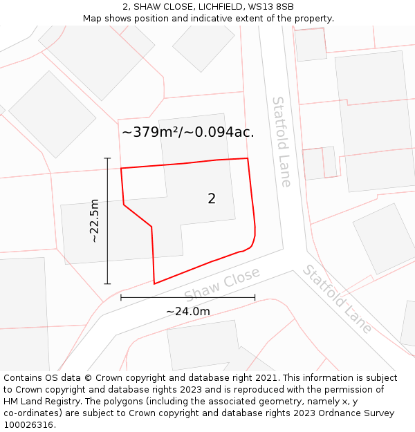 2, SHAW CLOSE, LICHFIELD, WS13 8SB: Plot and title map