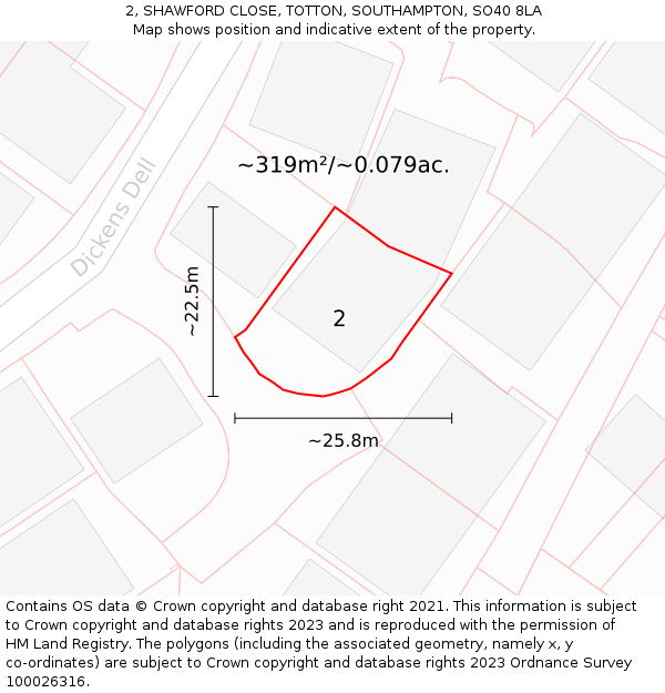 2, SHAWFORD CLOSE, TOTTON, SOUTHAMPTON, SO40 8LA: Plot and title map