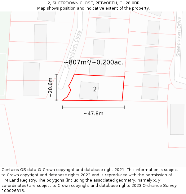 2, SHEEPDOWN CLOSE, PETWORTH, GU28 0BP: Plot and title map