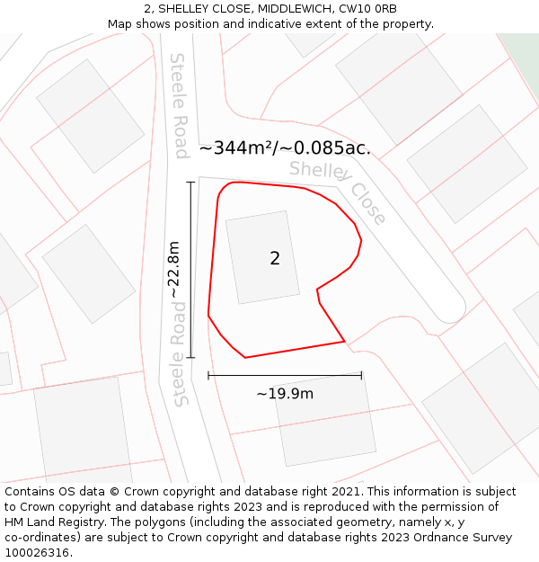 2, SHELLEY CLOSE, MIDDLEWICH, CW10 0RB: Plot and title map