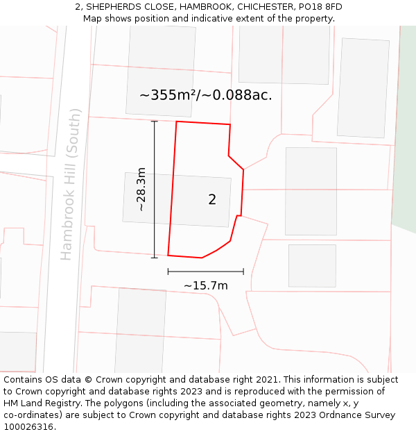 2, SHEPHERDS CLOSE, HAMBROOK, CHICHESTER, PO18 8FD: Plot and title map