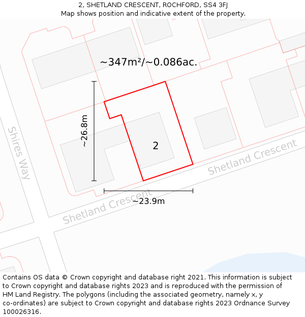 2, SHETLAND CRESCENT, ROCHFORD, SS4 3FJ: Plot and title map