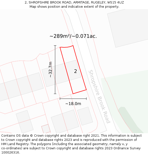 2, SHROPSHIRE BROOK ROAD, ARMITAGE, RUGELEY, WS15 4UZ: Plot and title map