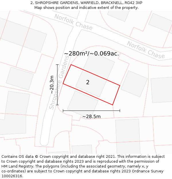 2, SHROPSHIRE GARDENS, WARFIELD, BRACKNELL, RG42 3XP: Plot and title map