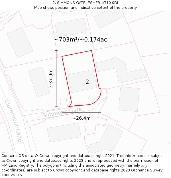 2, SIMMONS GATE, ESHER, KT10 9DL: Plot and title map