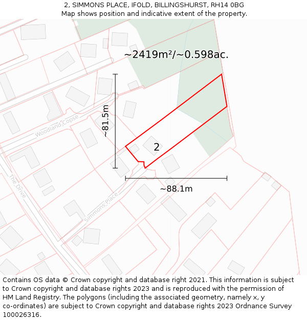 2, SIMMONS PLACE, IFOLD, BILLINGSHURST, RH14 0BG: Plot and title map