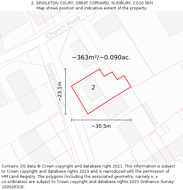 2, SINGLETON COURT, GREAT CORNARD, SUDBURY, CO10 0EN: Plot and title map