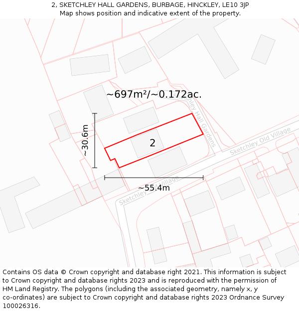 2, SKETCHLEY HALL GARDENS, BURBAGE, HINCKLEY, LE10 3JP: Plot and title map