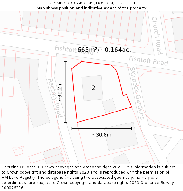 2, SKIRBECK GARDENS, BOSTON, PE21 0DH: Plot and title map