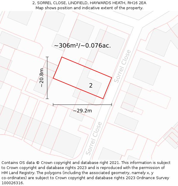 2, SORREL CLOSE, LINDFIELD, HAYWARDS HEATH, RH16 2EA: Plot and title map