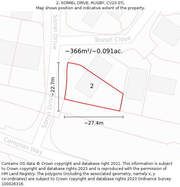 2, SORREL DRIVE, RUGBY, CV23 0TL: Plot and title map