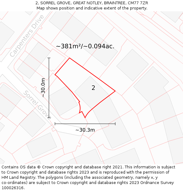 2, SORREL GROVE, GREAT NOTLEY, BRAINTREE, CM77 7ZR: Plot and title map