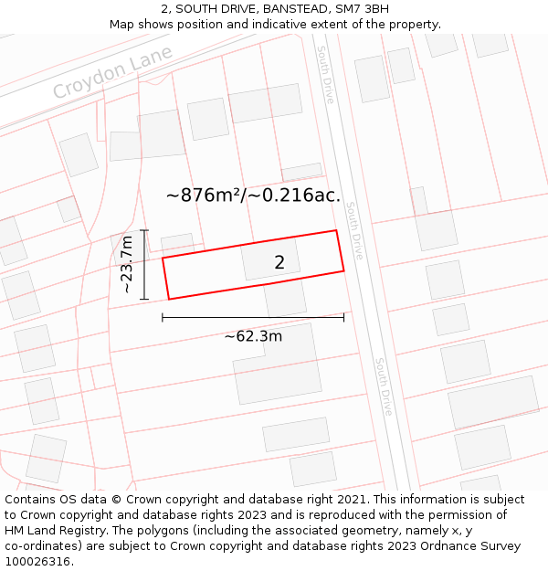 2, SOUTH DRIVE, BANSTEAD, SM7 3BH: Plot and title map