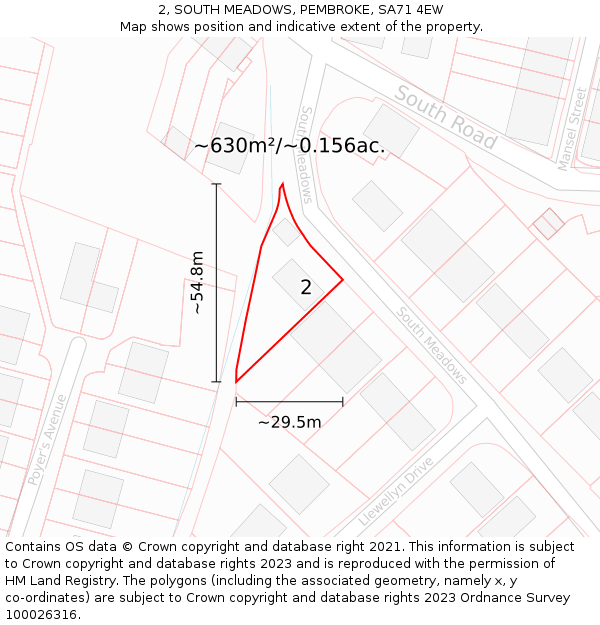 2, SOUTH MEADOWS, PEMBROKE, SA71 4EW: Plot and title map