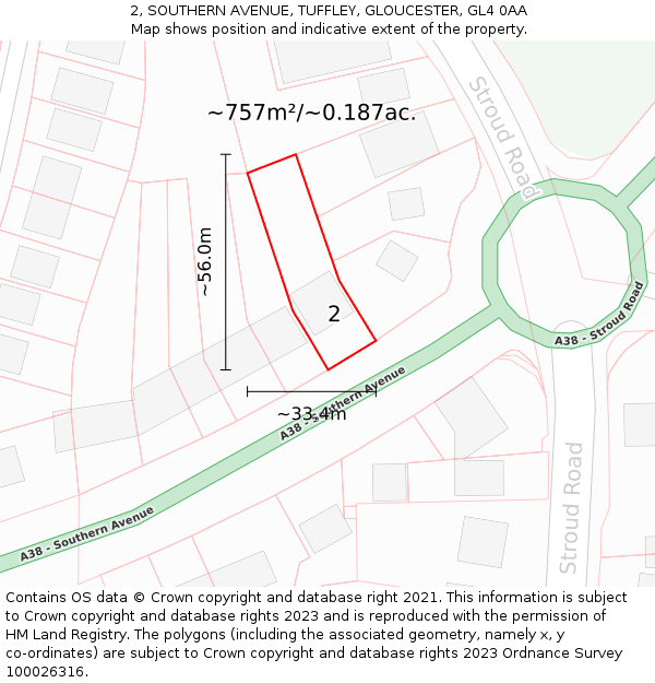 2, SOUTHERN AVENUE, TUFFLEY, GLOUCESTER, GL4 0AA: Plot and title map