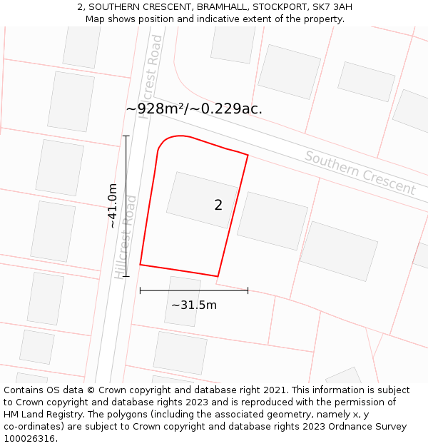 2, SOUTHERN CRESCENT, BRAMHALL, STOCKPORT, SK7 3AH: Plot and title map