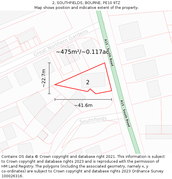 2, SOUTHFIELDS, BOURNE, PE10 9TZ: Plot and title map