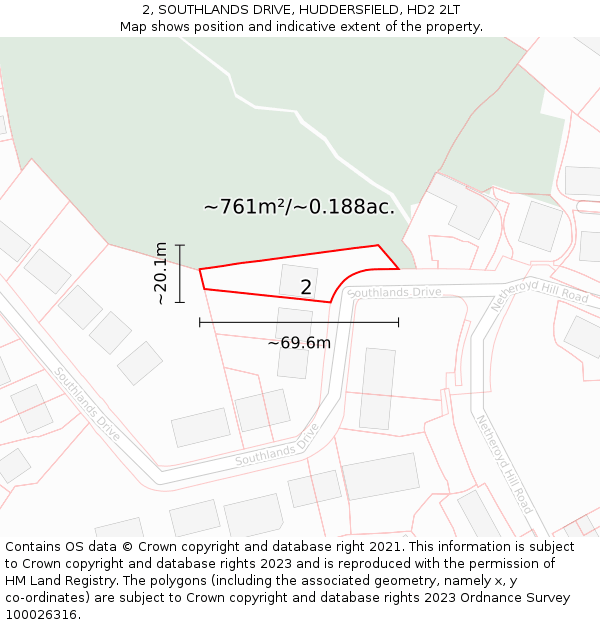 2, SOUTHLANDS DRIVE, HUDDERSFIELD, HD2 2LT: Plot and title map