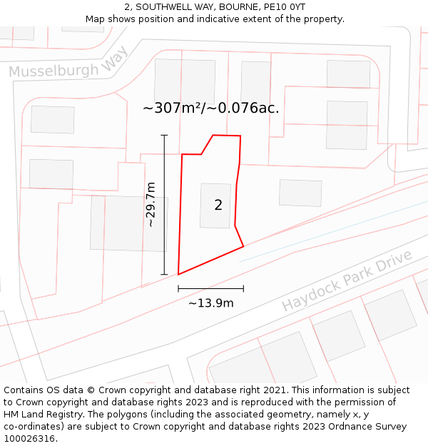 2, SOUTHWELL WAY, BOURNE, PE10 0YT: Plot and title map