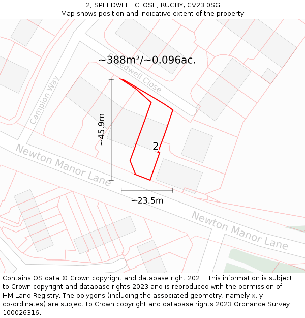 2, SPEEDWELL CLOSE, RUGBY, CV23 0SG: Plot and title map