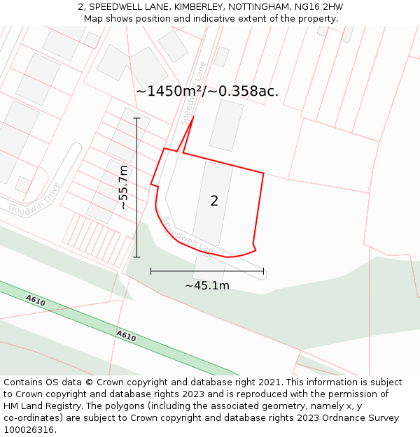 2, SPEEDWELL LANE, KIMBERLEY, NOTTINGHAM, NG16 2HW: Plot and title map