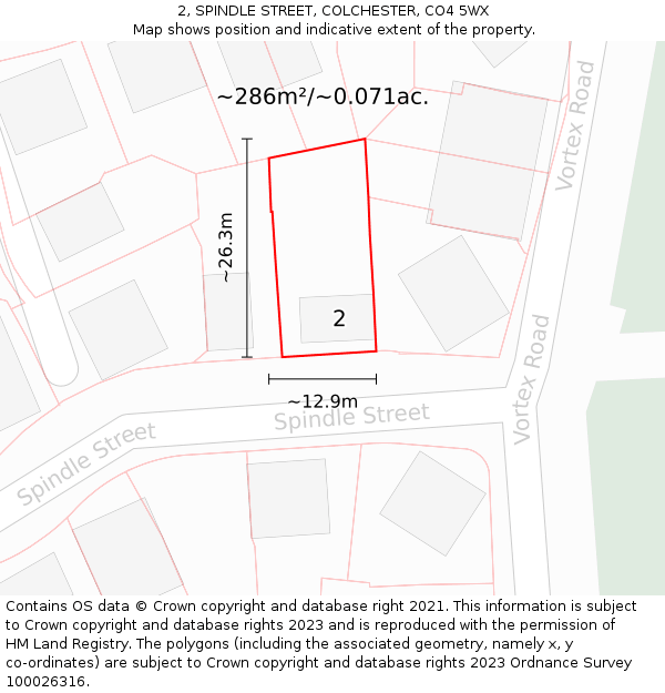 2, SPINDLE STREET, COLCHESTER, CO4 5WX: Plot and title map