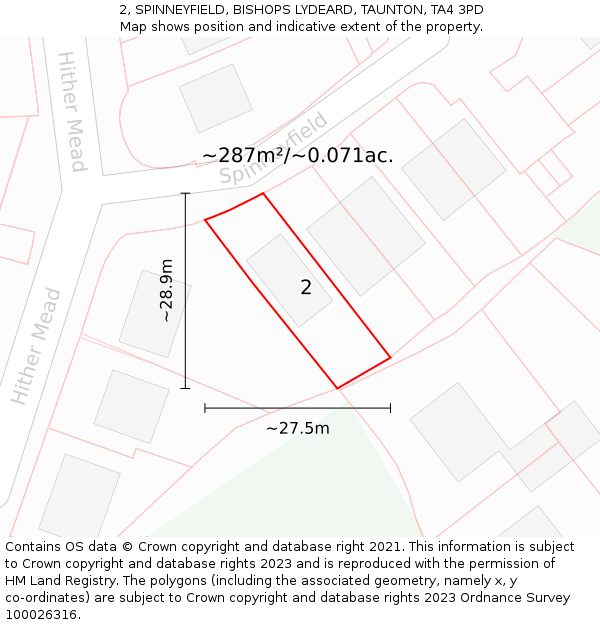 2, SPINNEYFIELD, BISHOPS LYDEARD, TAUNTON, TA4 3PD: Plot and title map