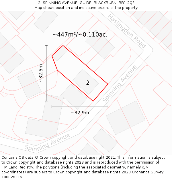 2, SPINNING AVENUE, GUIDE, BLACKBURN, BB1 2QF: Plot and title map