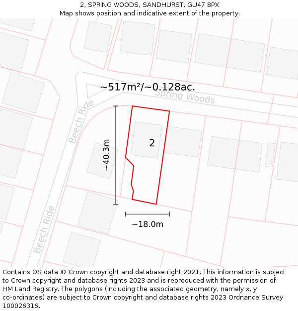 2, SPRING WOODS, SANDHURST, GU47 8PX: Plot and title map