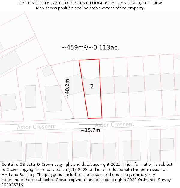 2, SPRINGFIELDS, ASTOR CRESCENT, LUDGERSHALL, ANDOVER, SP11 9BW: Plot and title map