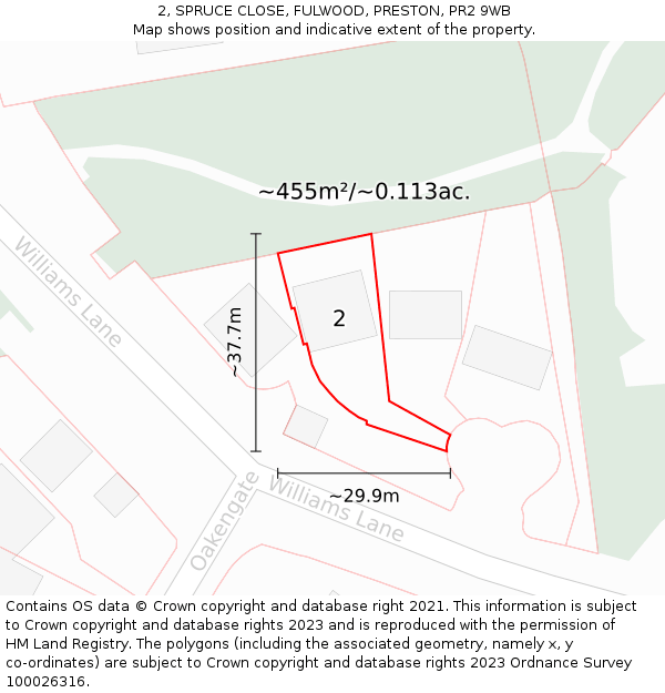 2, SPRUCE CLOSE, FULWOOD, PRESTON, PR2 9WB: Plot and title map